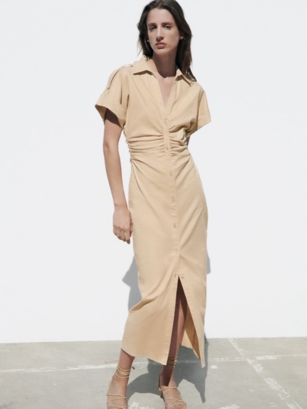 Zara RUCHED MIDI DRESS. Beige. Size XS. New with Tags.